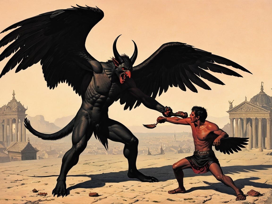 Warrior Confronts Demon in Mythological Battle Scene