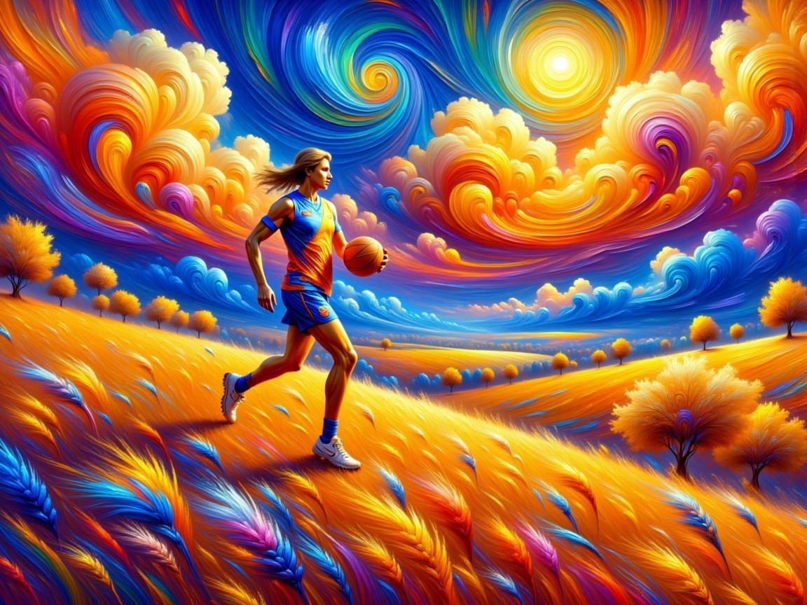 Female Basketball Player in Vibrant Landscape Setting