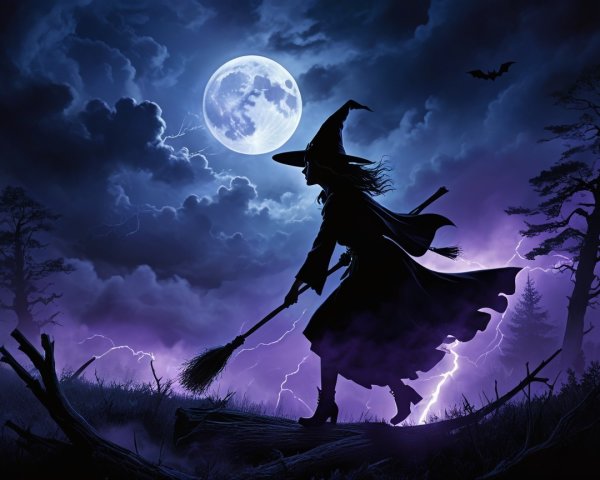 Witch Silhouette Riding Broom Under Dramatic Night Sky
