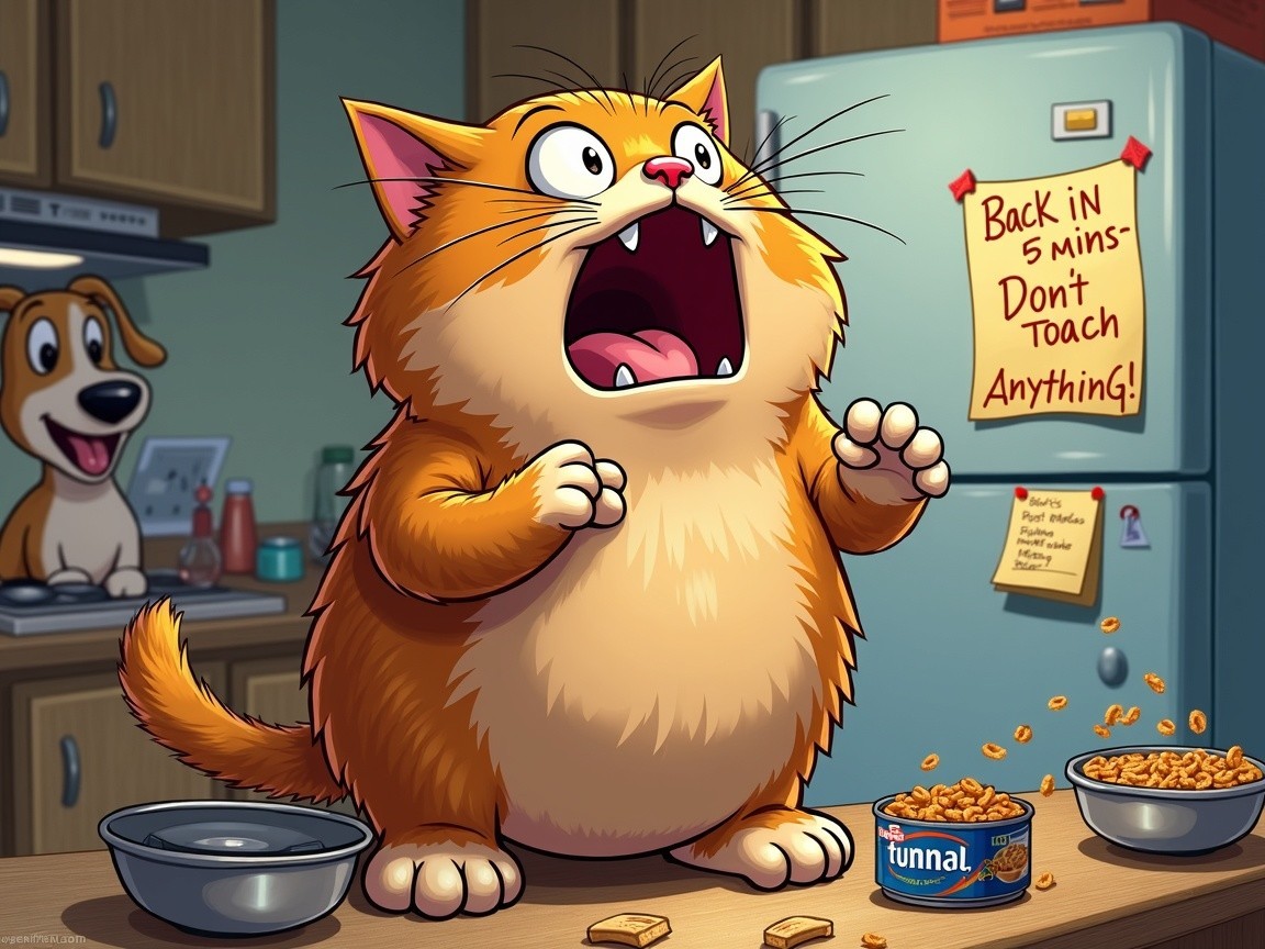 Surprised Cartoon Cat in Kitchen with Spilled Food