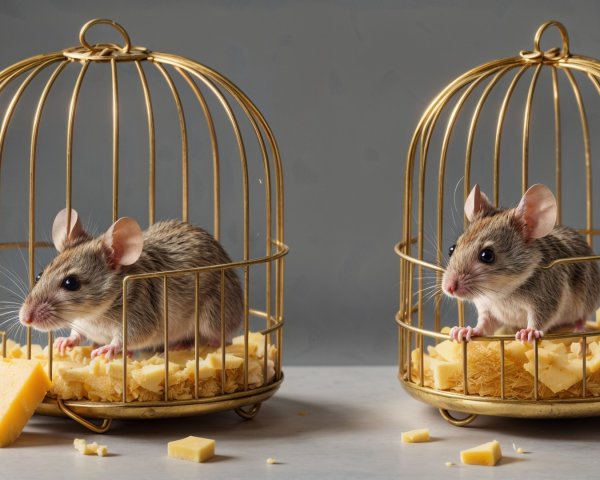 Mice in Golden Cages Surrounded by Cheese Cubes