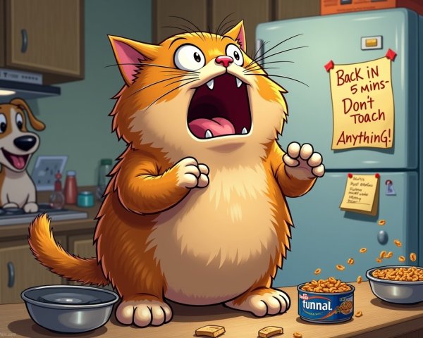 Surprised Cartoon Cat in Kitchen with Spilled Food