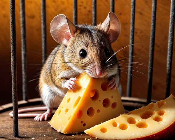 Fluffy Mouse in Wooden Cage with Cheese Wedge