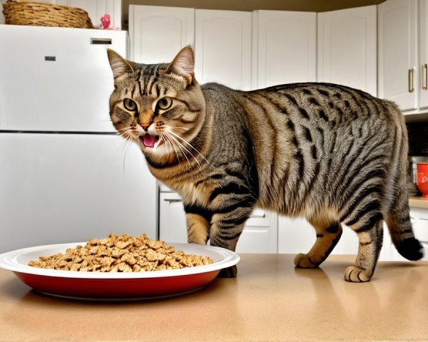 Tabby Cat on Kitchen Counter with Dry Food Plate