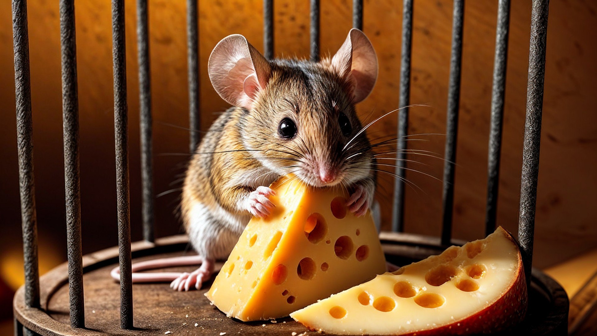 Fluffy Mouse in Wooden Cage with Cheese Wedge