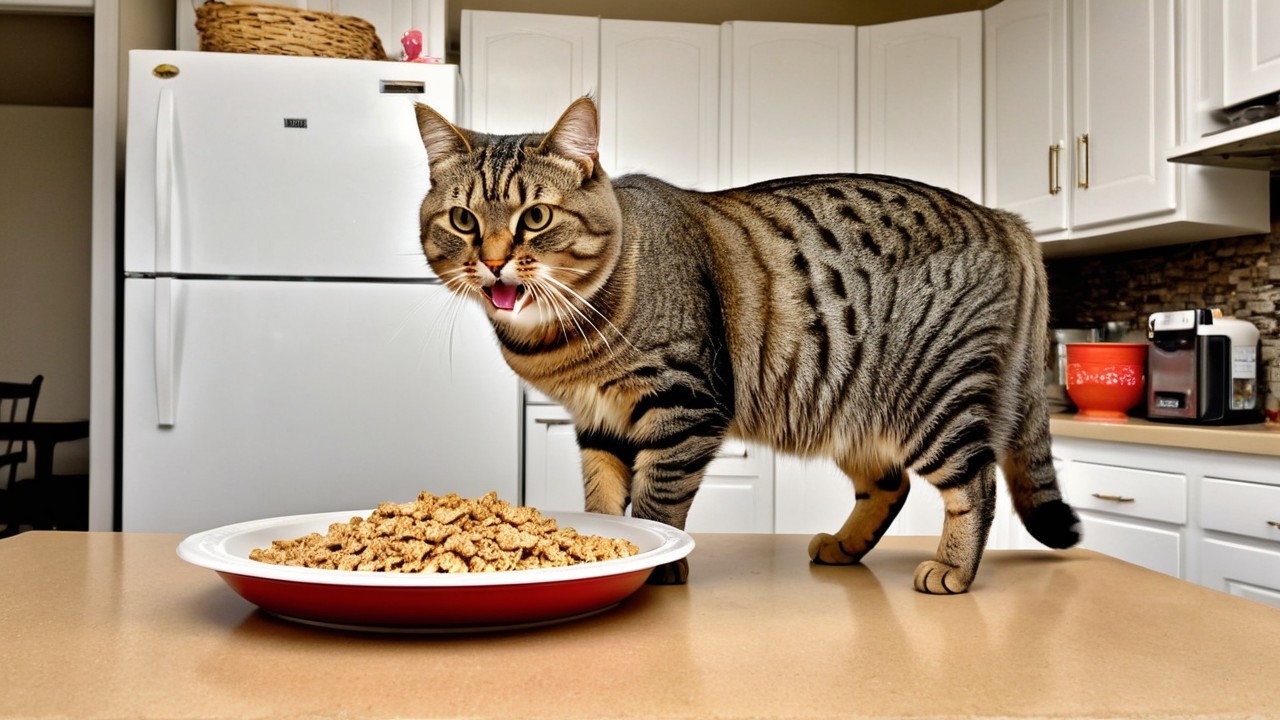 Tabby Cat on Kitchen Counter with Dry Food Plate