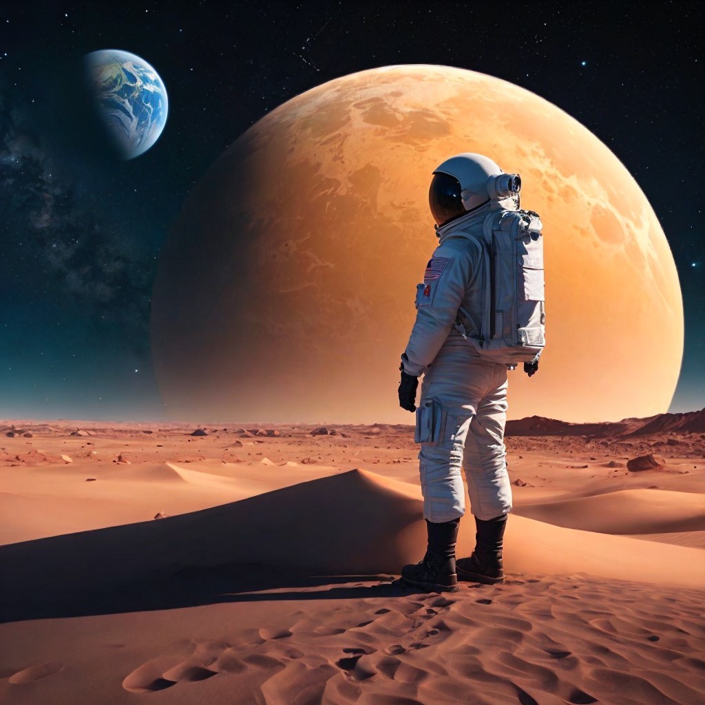 Astronaut on a barren landscape under a starry sky