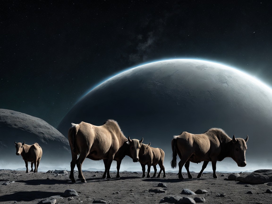 Bison on a Lunar Landscape with Celestial Backdrop