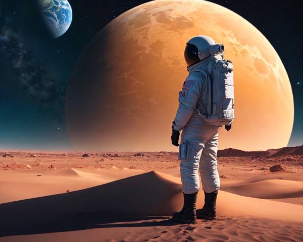 Astronaut on a barren landscape under a starry sky