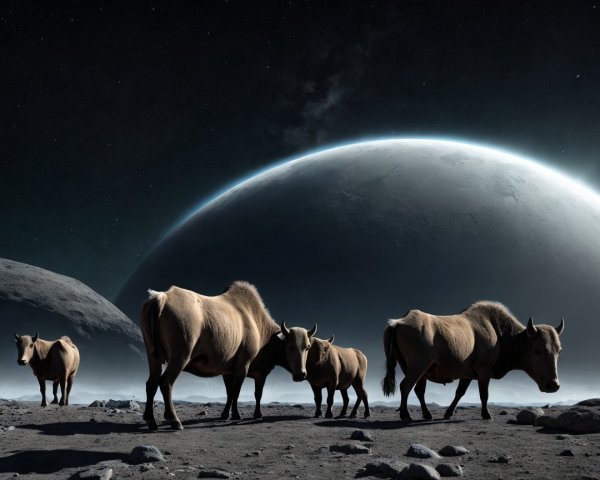 Bison on a Lunar Landscape with Celestial Backdrop