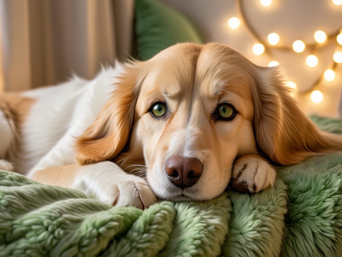 Golden and white dog on green blanket with fairy lights