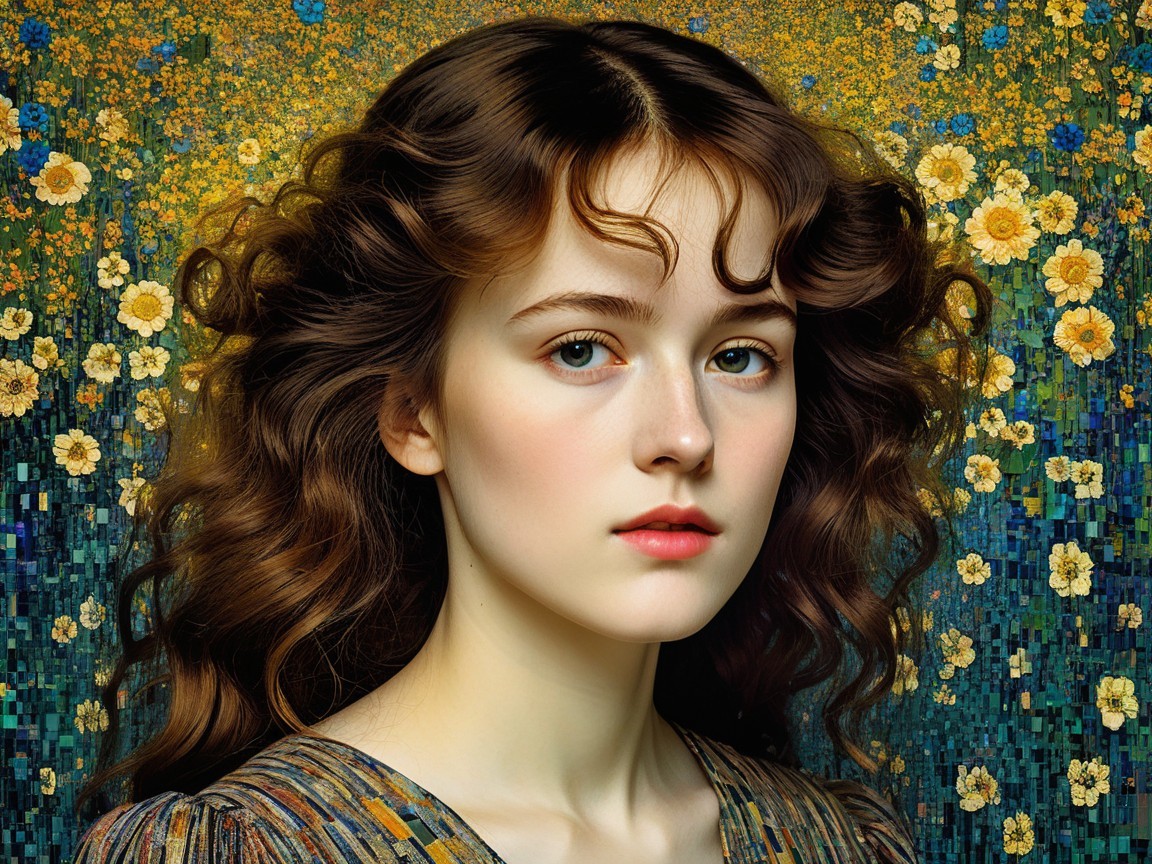 Young woman with chestnut hair in floral setting