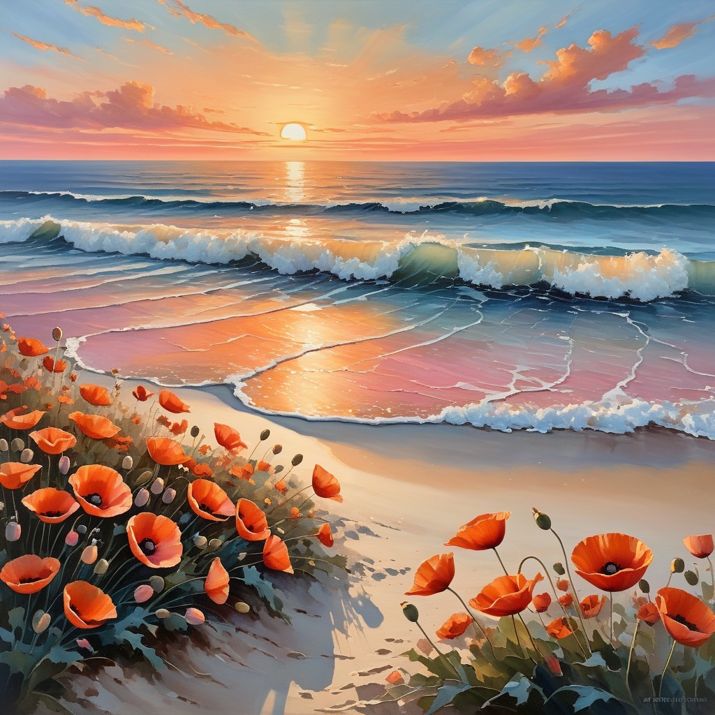 Serene Sunset Over Sandy Beach with Vibrant Poppies