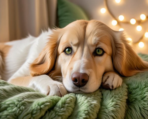 Golden and white dog on green blanket with fairy lights