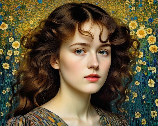 Young woman with chestnut hair in floral setting