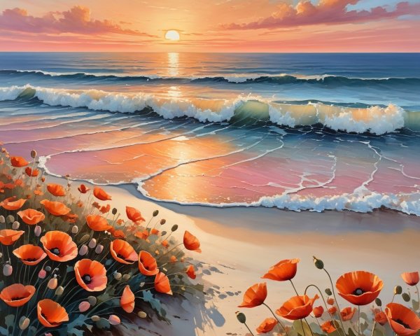 Serene Sunset Over Sandy Beach with Vibrant Poppies