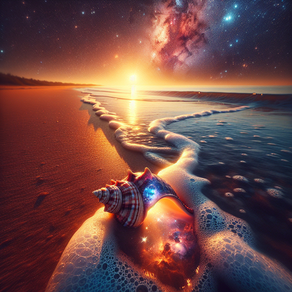 Vibrant Sunset Over Tranquil Beach with Cosmic Shell