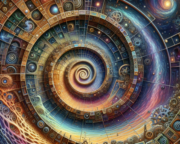 Cosmic Spiral Design with Geometric Patterns and Colors