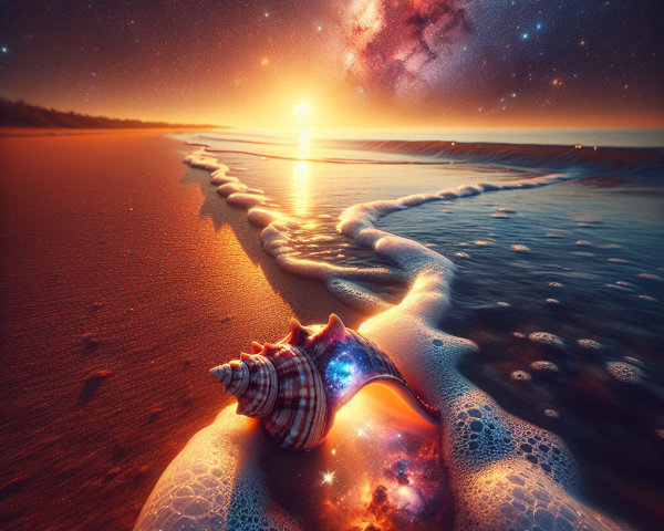 Vibrant Sunset Over Tranquil Beach with Cosmic Shell