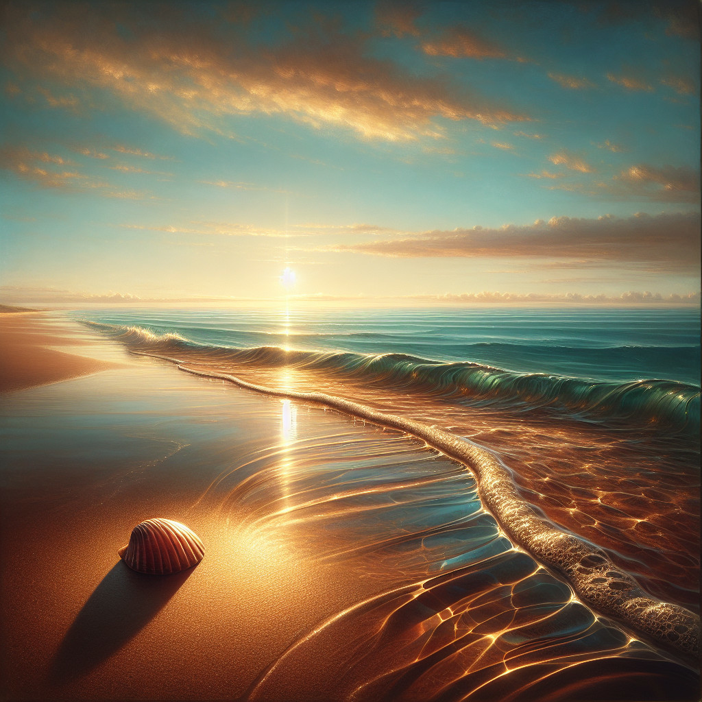 Serene Beach at Sunrise with Gentle Waves and Seashell