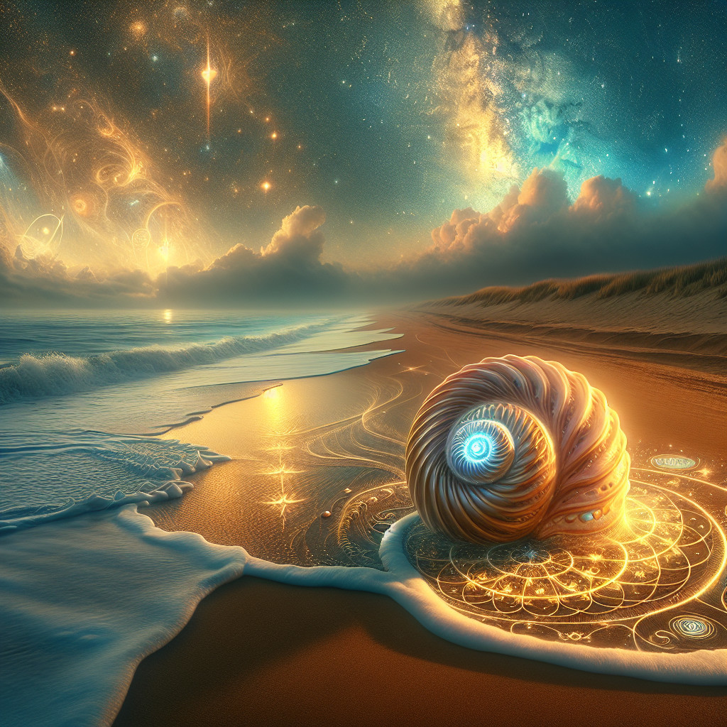 Surreal Twilight Beach Scene with Illuminated Shell