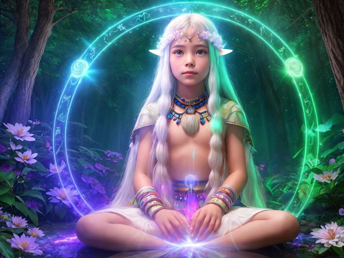 Young Elf in Magical Forest with Mystical Symbols