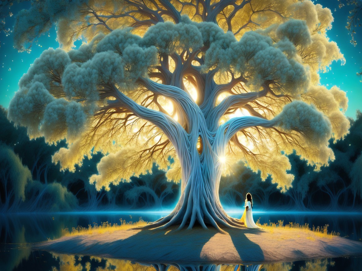 Majestic luminous tree in a tranquil dreamlike setting