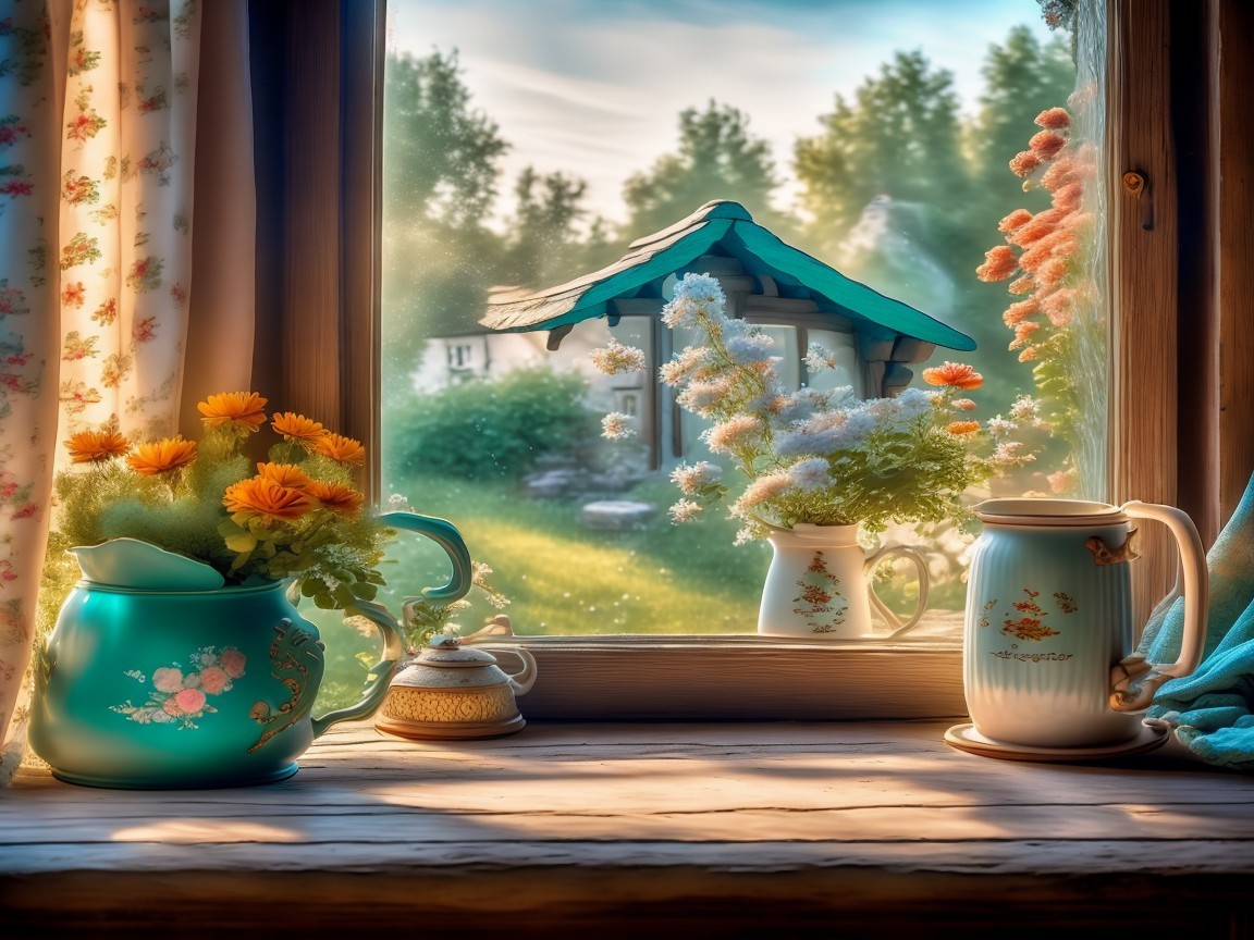 Cottage Window View of Vibrant Morning Garden Scene