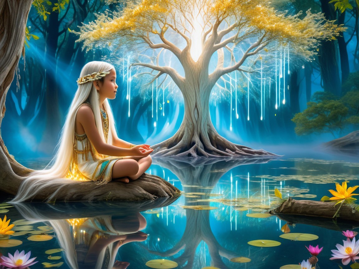 Serene Meditation by a Tranquil Lake with Glowing Tree
