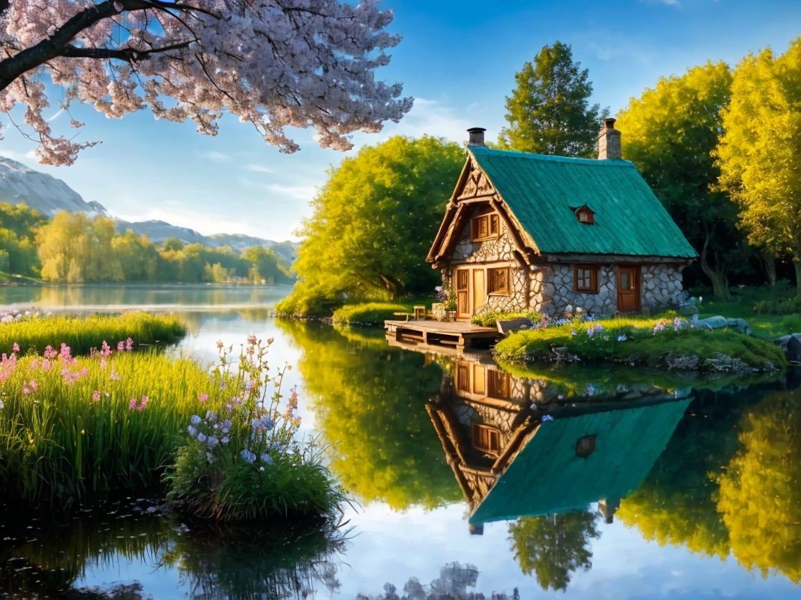 Stone Cottage by Serene Lake with Cherry Blossoms