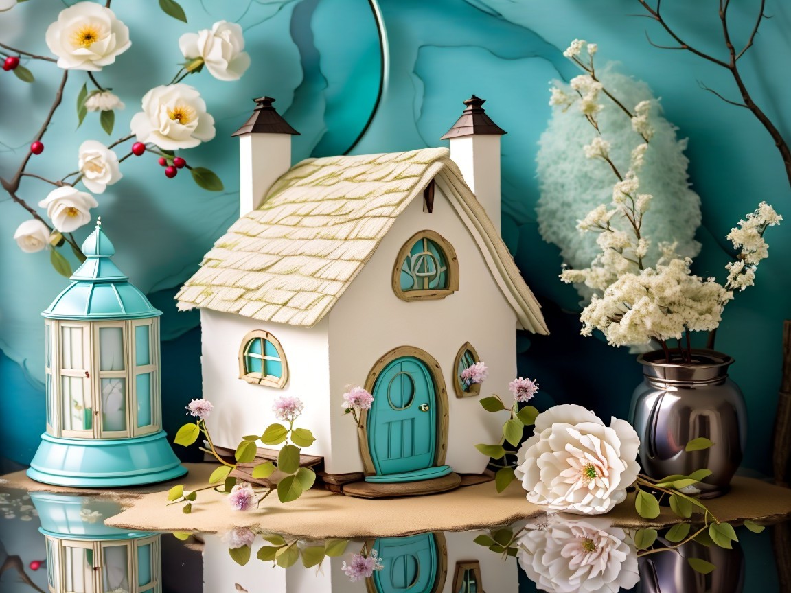 Miniature House Surrounded by Flowers and Teal Elements