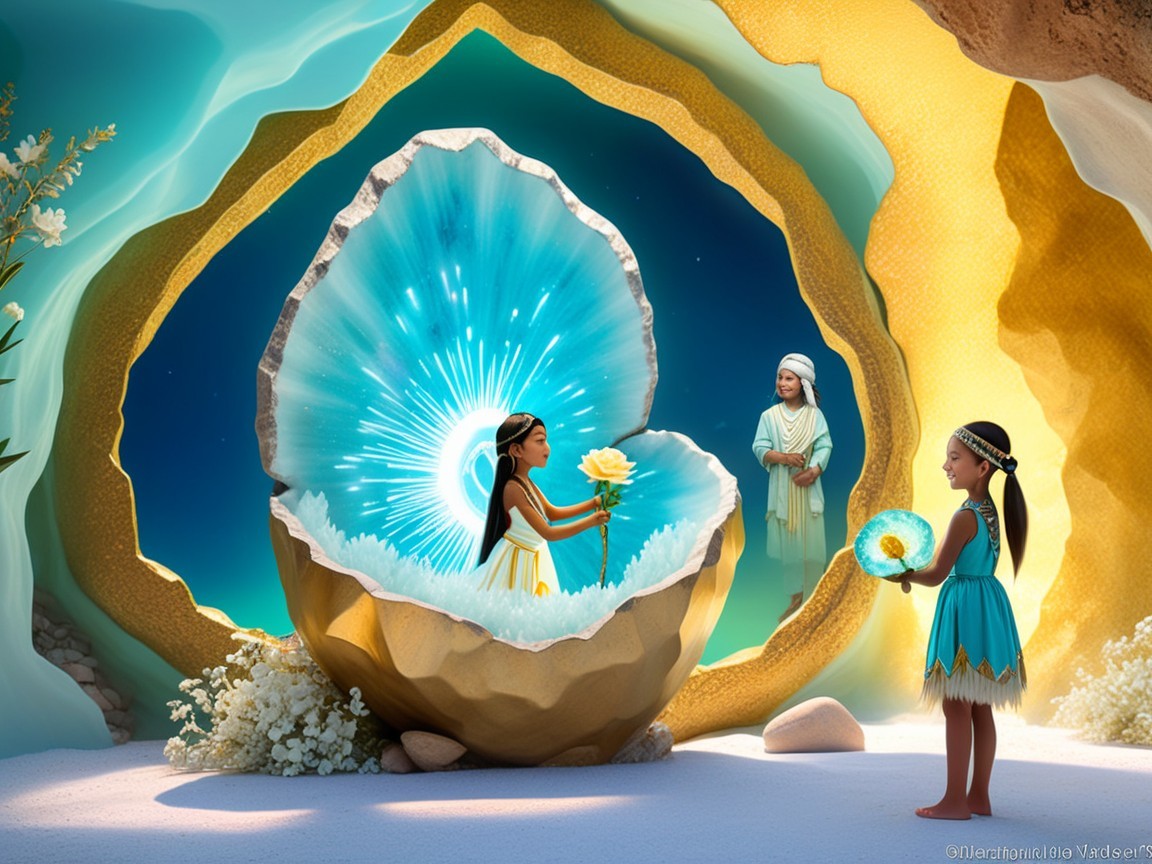 Young Girls Admiring a Glowing Clam Shell in Fantasy Scene