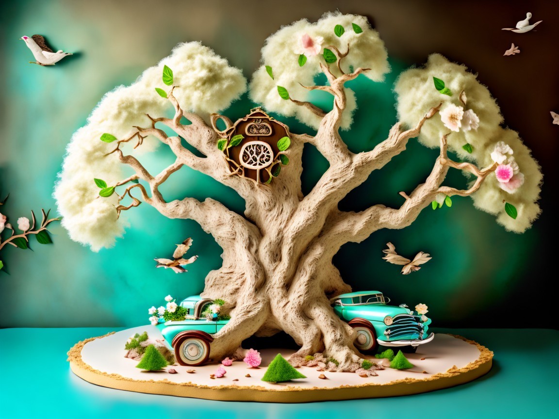 Whimsical Scene with Textured Tree and Vintage Cars