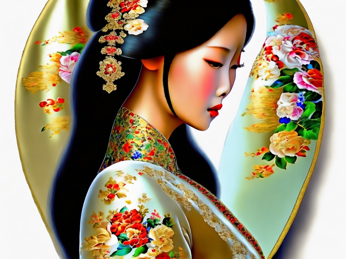 Serene Woman in Traditional Attire with Floral Patterns