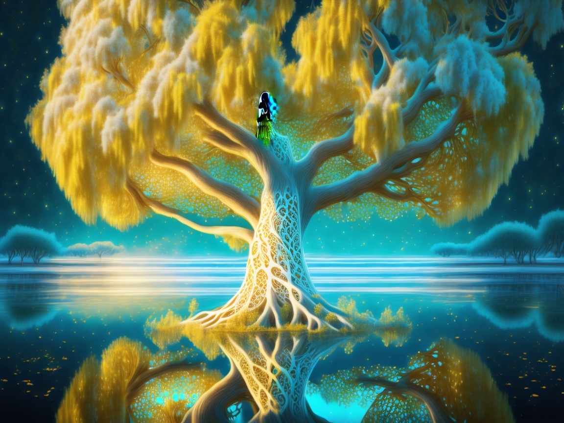 Ethereal tree with golden foliage and tranquil landscape
