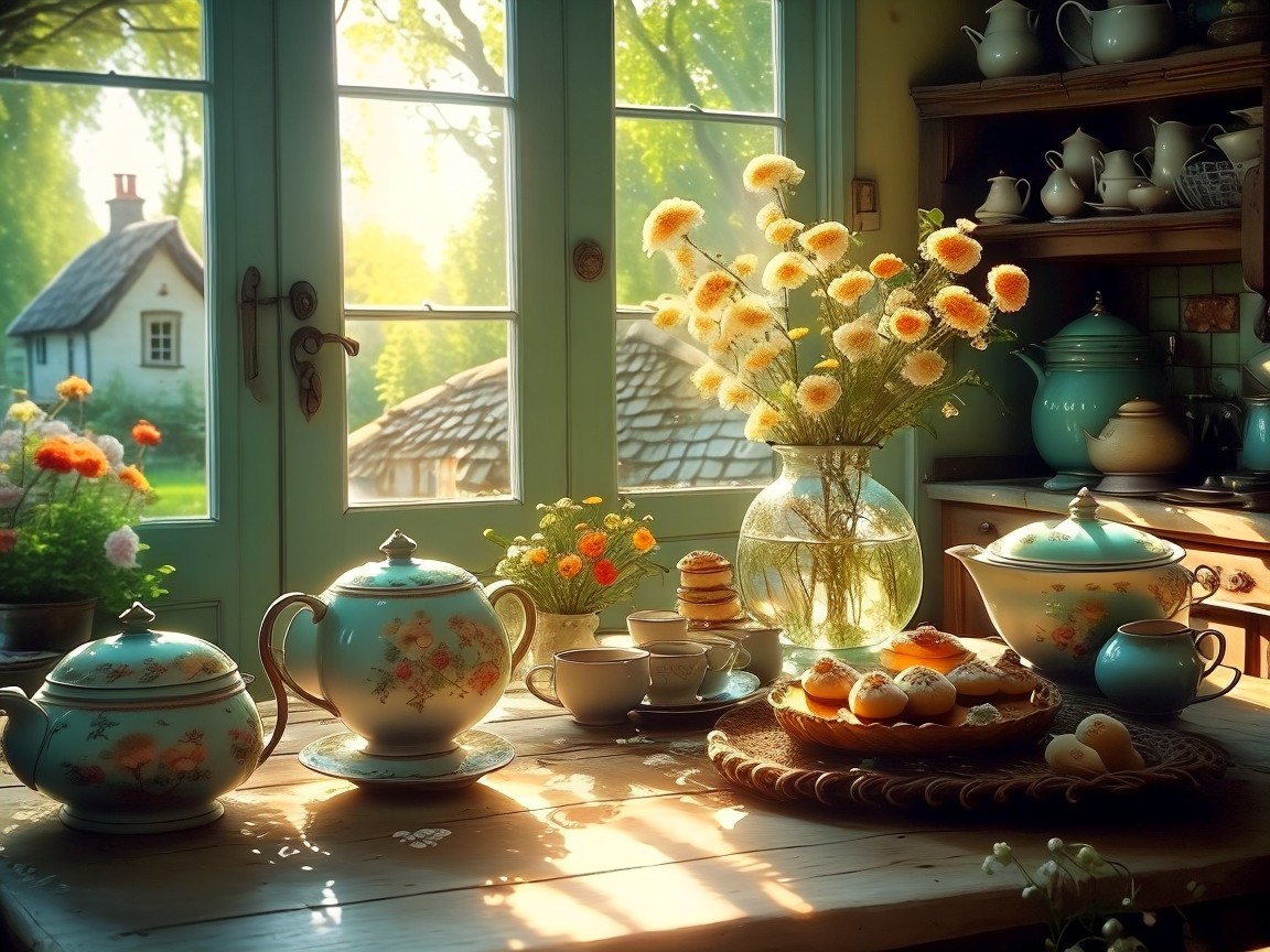Sunlit Kitchen with Rustic Table and Vibrant Flowers