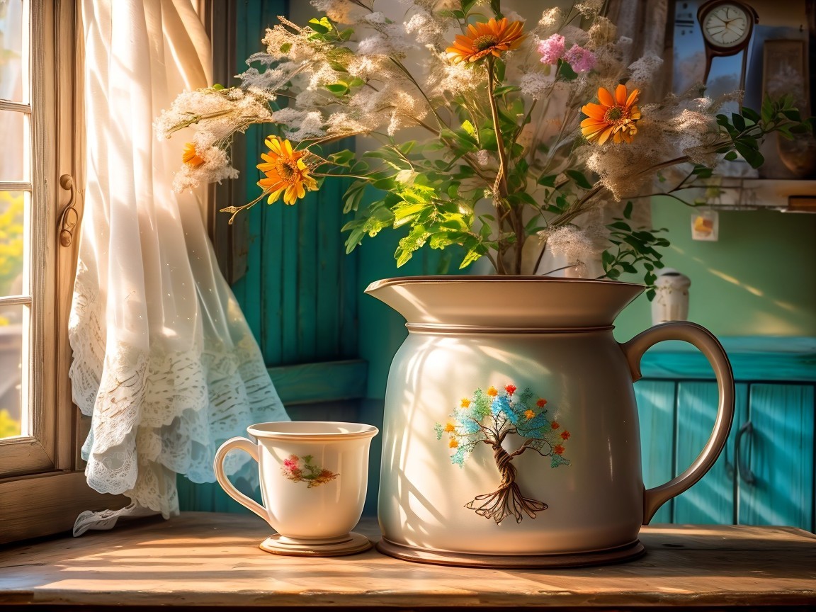 Ceramic Pitcher and Cup in a Sunlit Setting