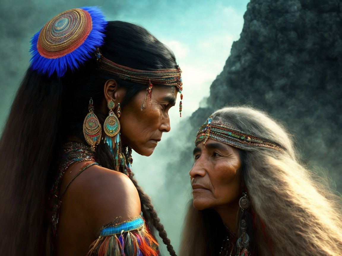 Indigenous Women in Traditional Attire and Landscape