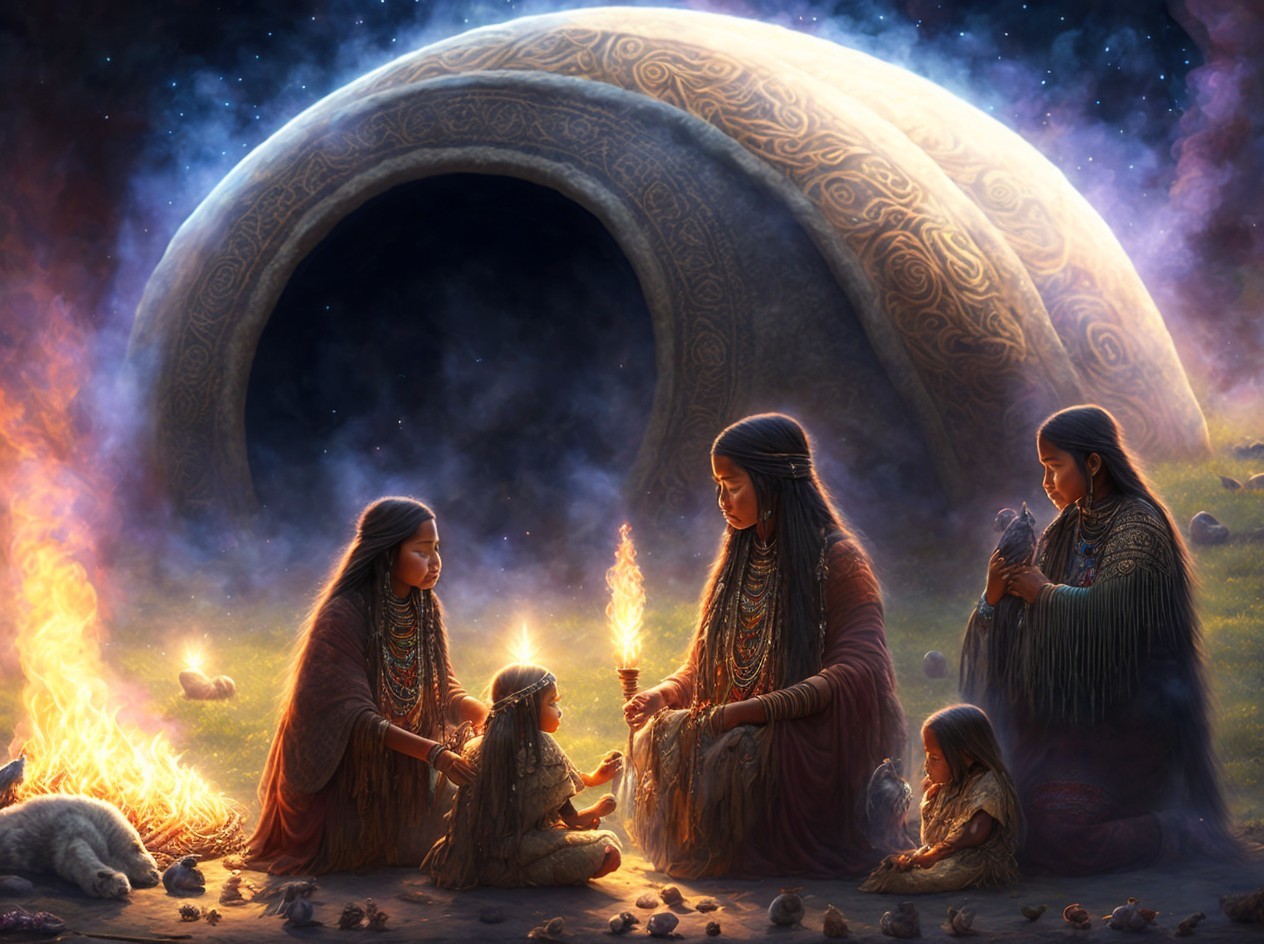 Indigenous Women and Children Gathered Around Fire