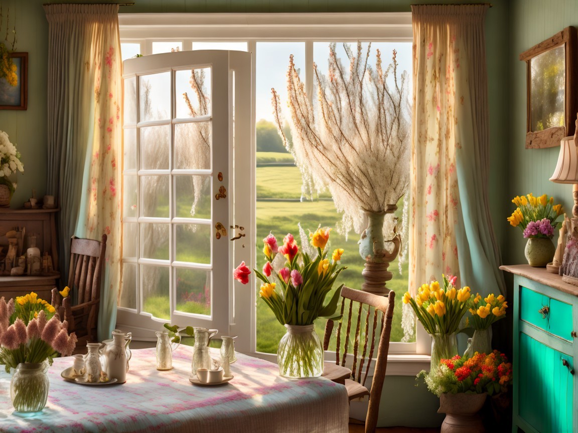 Cozy Sunlit Room with Vibrant Flowers and Rustic Decor