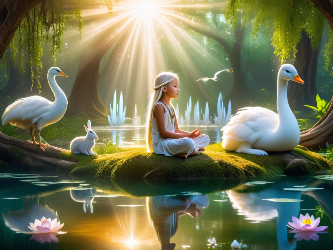 Serene Forest Scene with Girl and Nature Elements