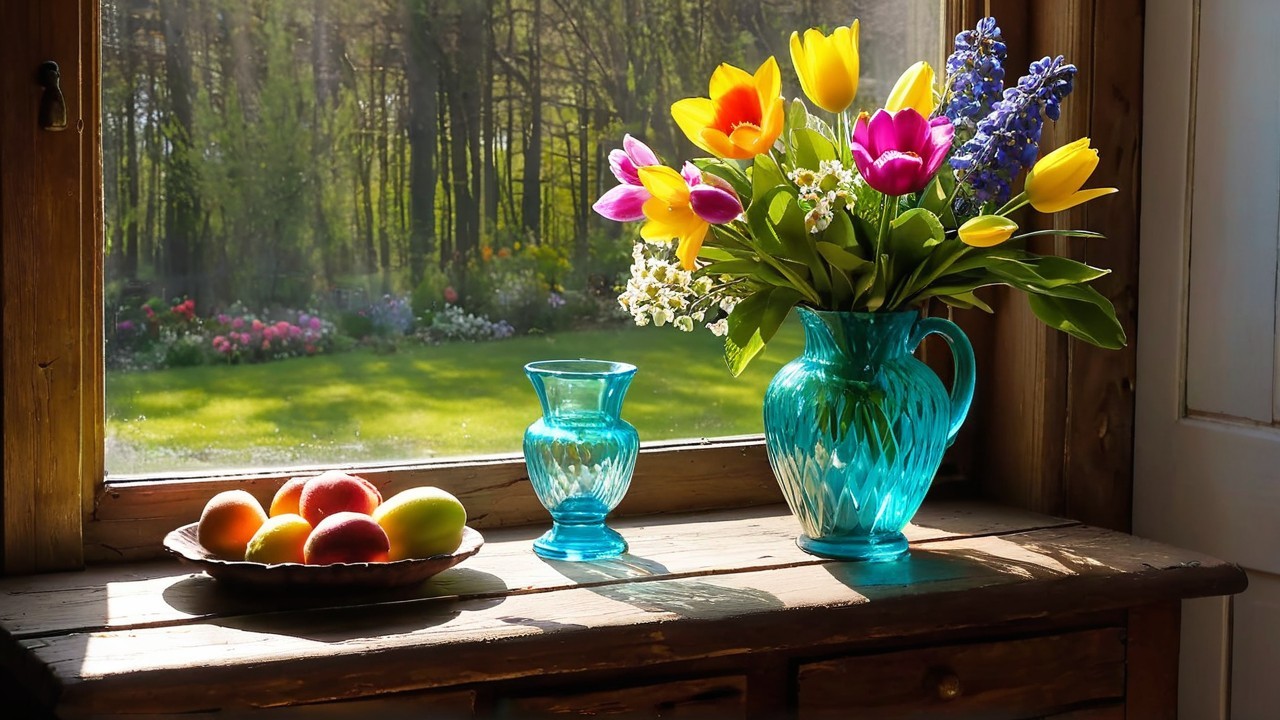 Sunlit Window with Flowers and Fresh Apples Scene