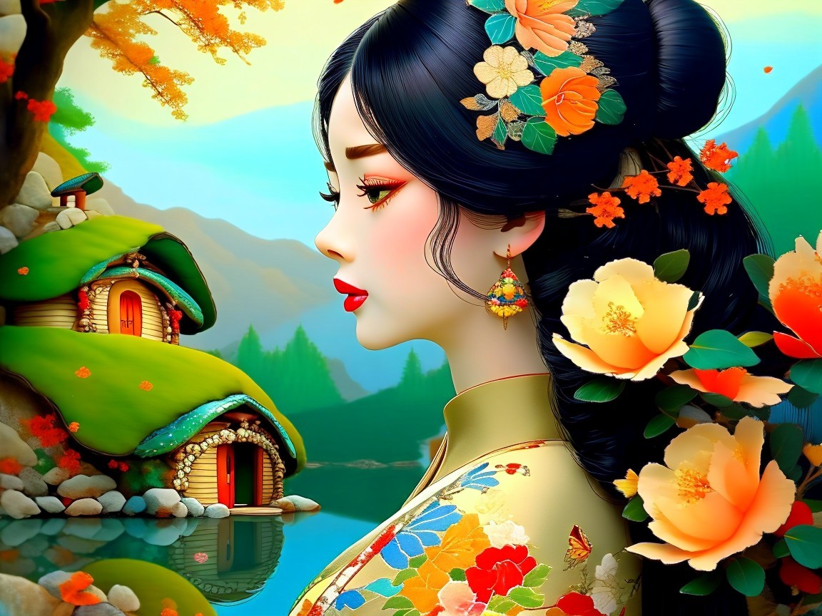 Serene Woman in Traditional Attire by Autumn Landscape