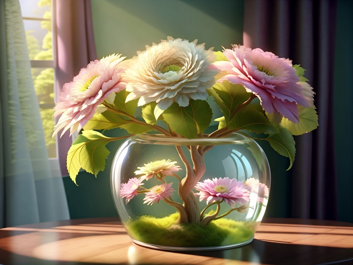 Vibrant Flower Arrangement in Glass Vase with Sunlight