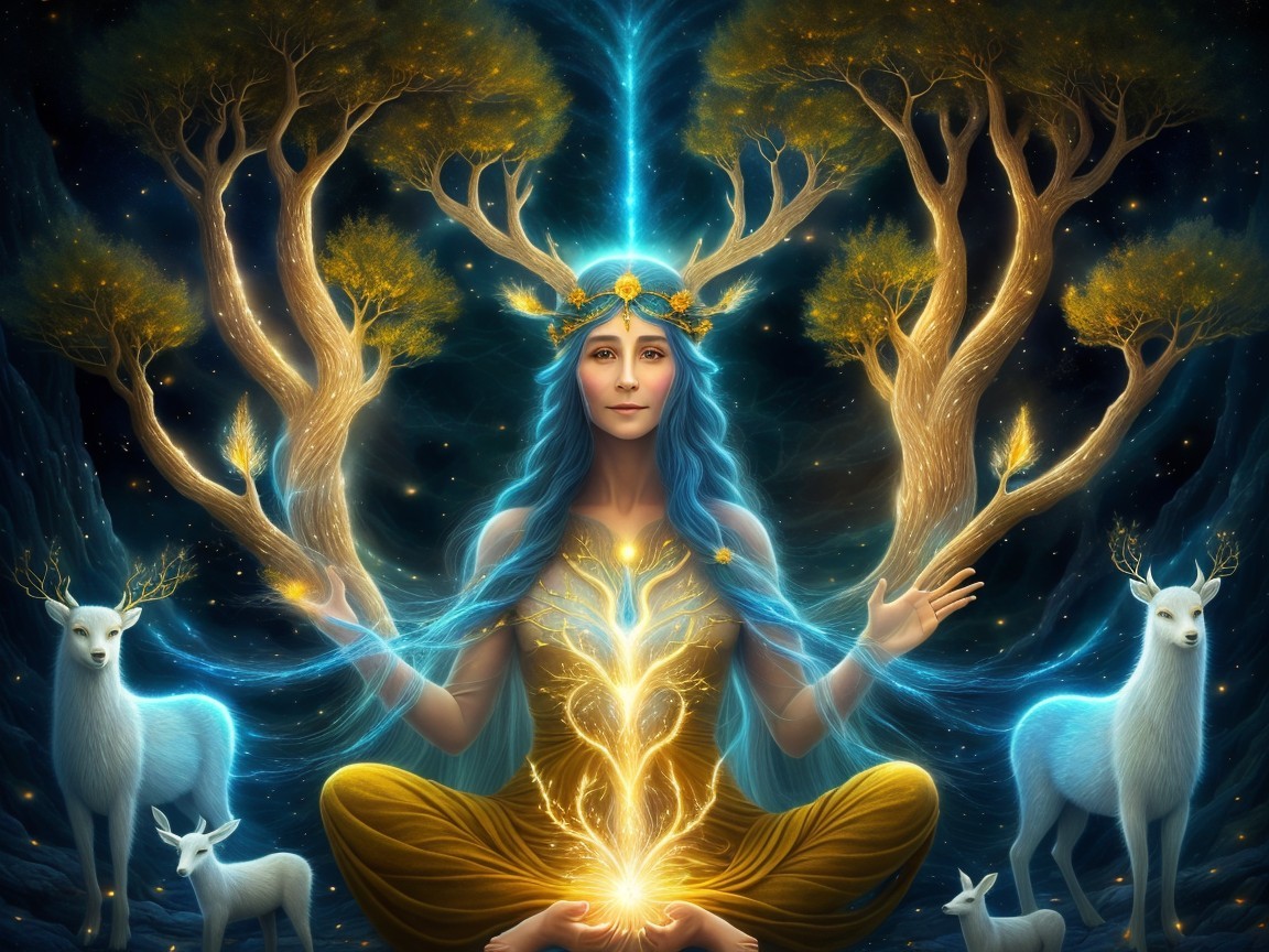 Mystical Woman with Blue Hair in Enchanted Forest