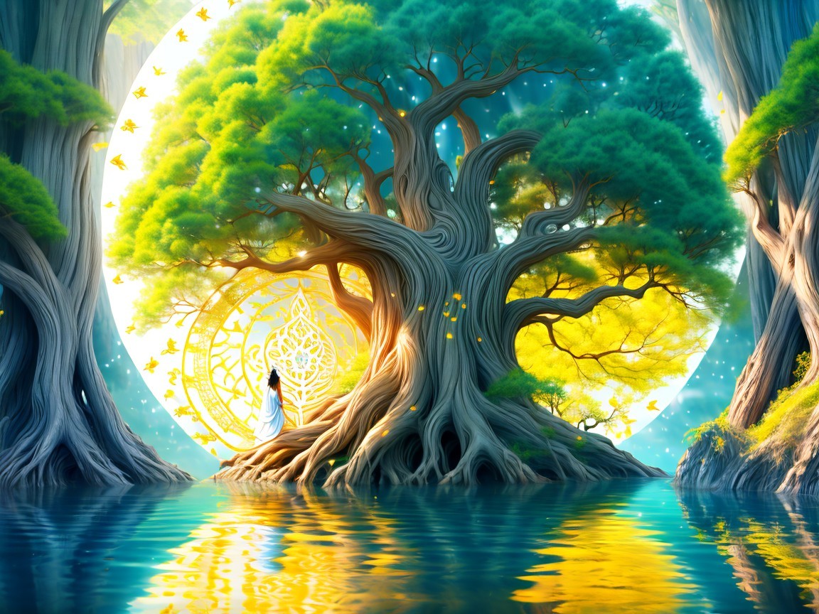 Ancient Tree by Serene Water with Vibrant Leaves