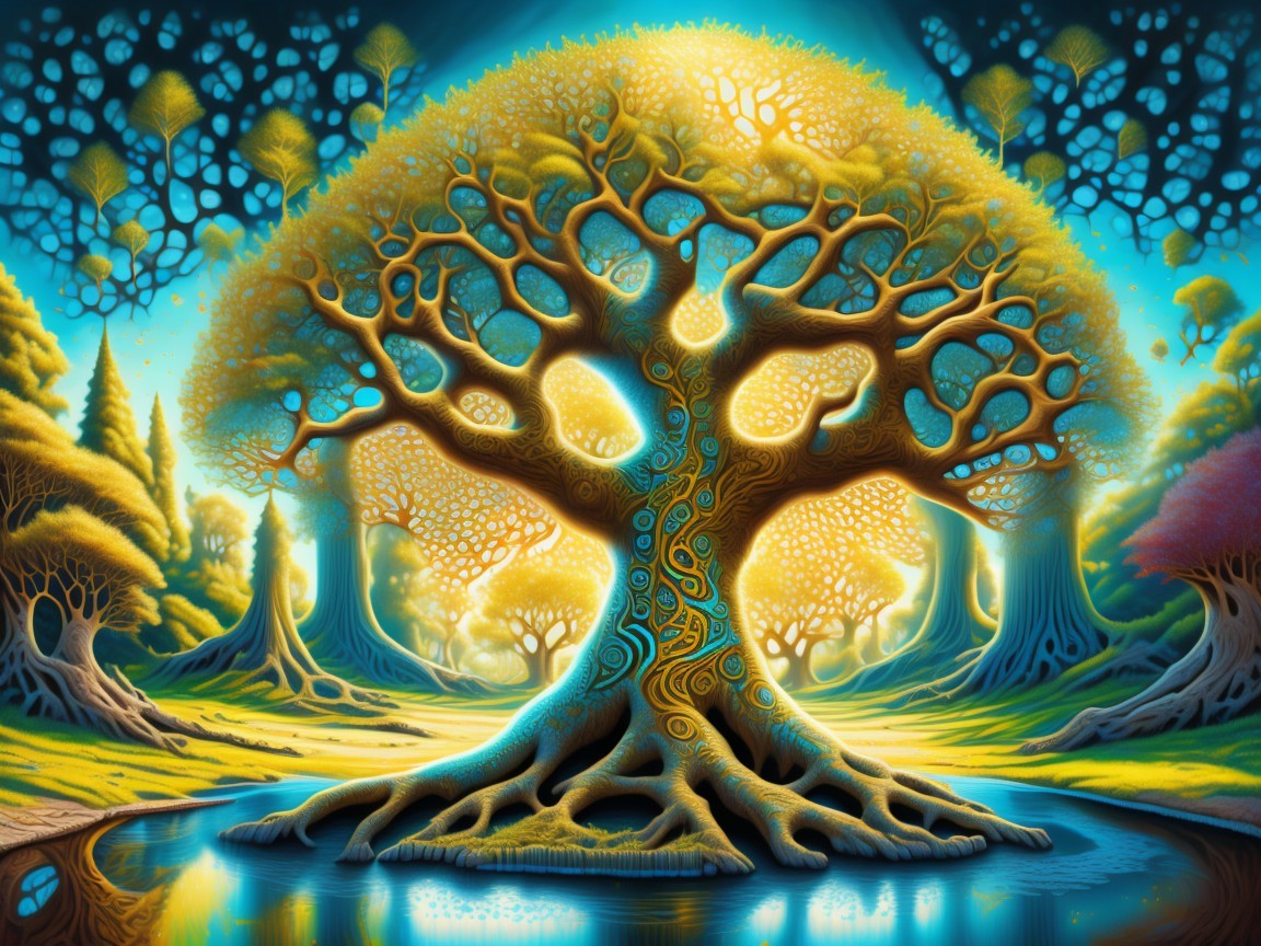 Intricate Tree Surrounded by Vibrant Landscape Elements