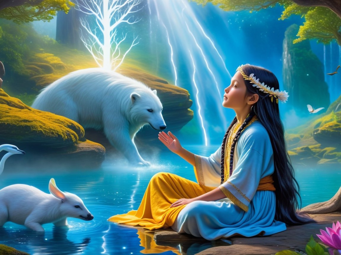 Young girl and polar bear in enchanted forest scene