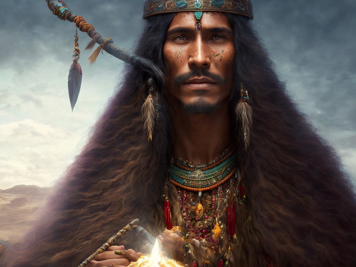 Regal figure in traditional attire with vibrant colors