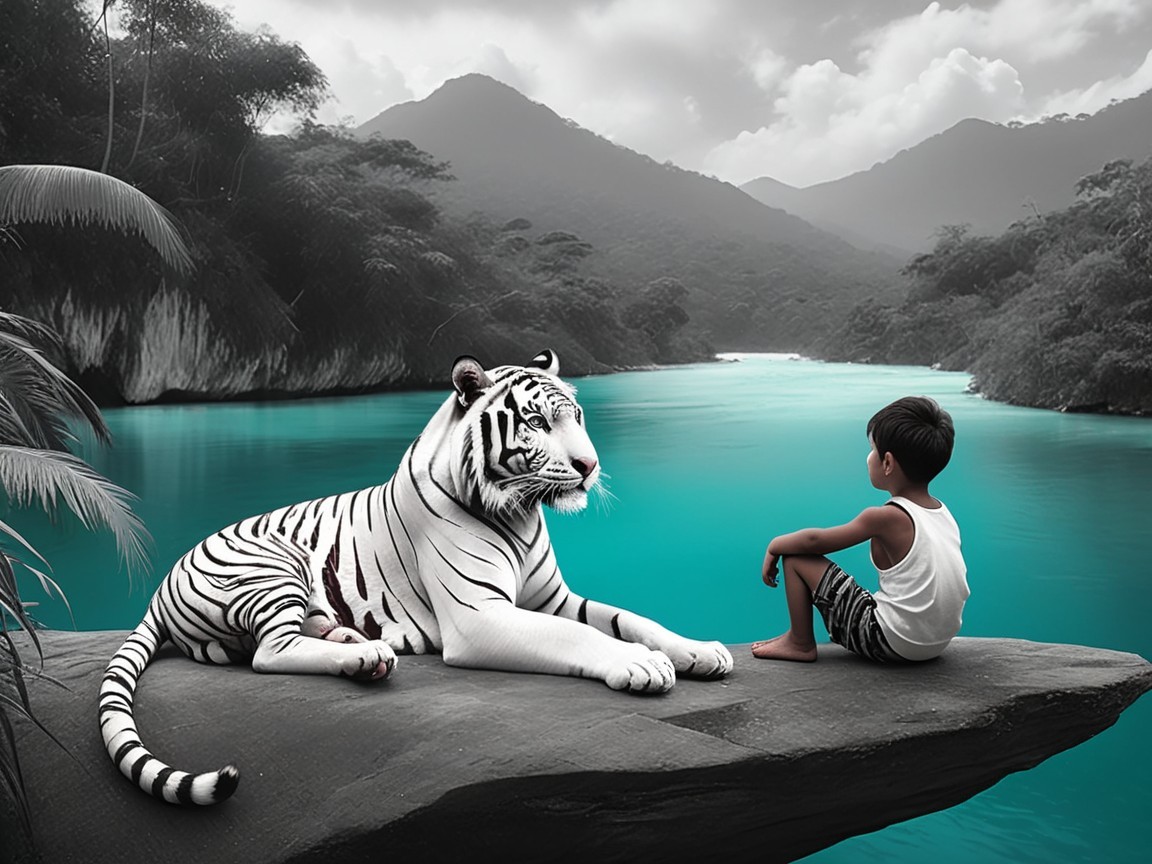 Serene Landscape with Boy and White Tiger by River